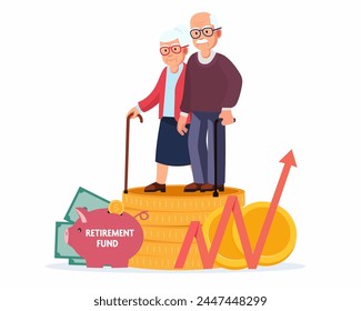 Pareja de adultos mayores felices se paran en una enorme pila de dinero invertido Riqueza financiera, ahorrando pensión de jubilación Vector de stock