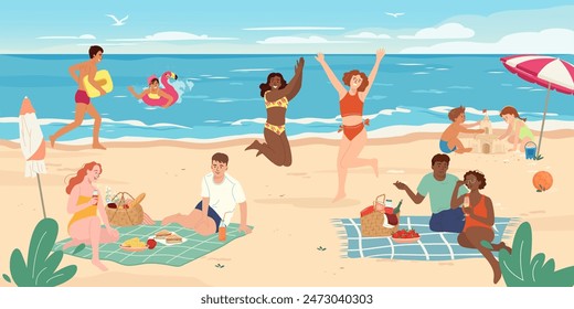 Happy people on beach. Cute men, women sunbathing on sand, swimming in water at sea resort, ocean coast. Kids building sand castle together. Couple with basket having lunch on sandy beach. Flat vector: wektor stockowy