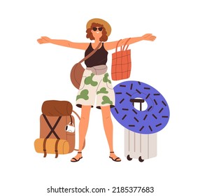 Happy woman with travel bags, suitcases for vacation trip. Smiling excited girl in sunglasses standing with summer holiday luggage, baggage. Flat vector illustration isolated on white background: stockvector