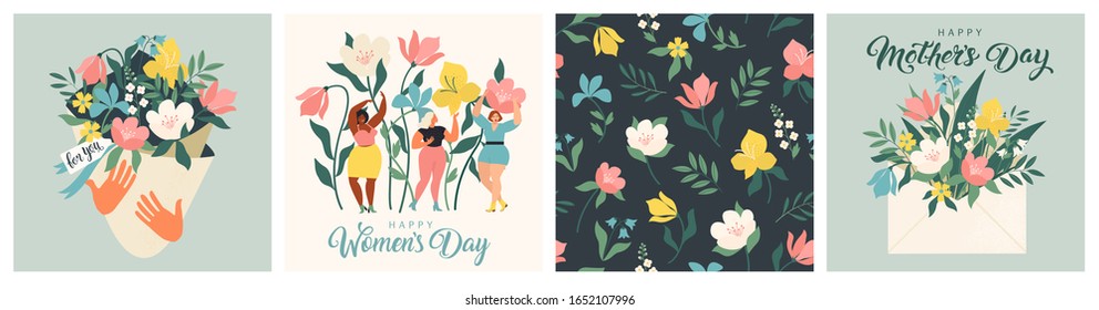 Happy Women's Day March 8! Cute cards and posters for the spring holiday. Vector illustration of a date, a women and a bouquet of flowers! Stock Vector