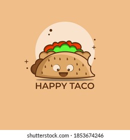 Happy Taco Logo. Food Cartoon Character Isolated. Flat Cartoon Style Suitable for Web Landing Page, Banner, Flyer, Sticker, Card Stock Vector