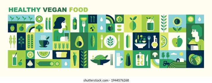 Healthy organic vegan food. Cooking dietary dishes. Vegetarian cafe. Set of icons in flat geometric style. Abstract signs. Vegetables, fruits, green tea, smoothies and salads. Vector illustration.  स्टॉक वेक्टर