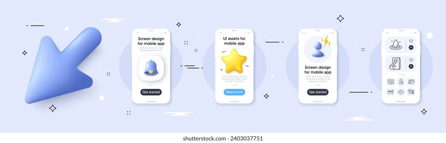Hearing, Seo targeting and Fitness line icons pack. Phone screen mockup with 3d cursor. Alert, star and placeholder. Fuel energy, Qr code, Stock analysis web icon. Vector 库存矢量图