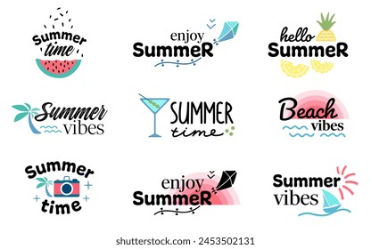 Hello summer. Summer vibes. Summer lettering set. Summer time. Inscription for cards, posters, printing on T-shirts.
 Stock vektor
