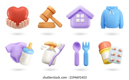 Help, legal services, housing, clothing, goods for children, hygiene, food, medicines. 3d vector icon set Stock Vector