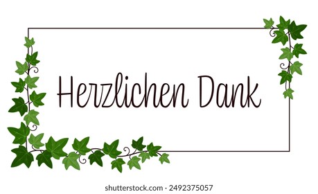 Herzlichen Dank - ドイツ語のテキスト – ありがとうございました。フレーム上のツタの巻き上げ線を持つカード。のベクター画像素材