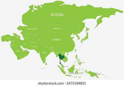 Highlighted green map of THAILAND inside light green political map of Asia using orthographic projection on light blue background Arkistovektorikuva