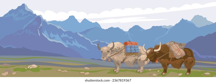 Himalayan yaks with a load on their back in a beautiful landscape. Vector illustration, flat style. Mountain horizontal landscape of Nepal. Pets in Mongolia and Tibet for transporting goods. Immagine vettoriale stock