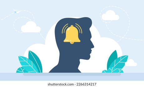 Human memory. Keep thought in head. Remember. Bell in the head. Notification bell icon for incoming inbox message. Ringing bell and notification number sign. Memorize information. Vector illustration Stock vektor