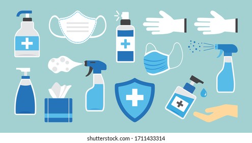 Hygiene. Disinfectant, antiseptic, hand sanitizer bottles, medical mask, washing gel, spray, wipes, antibacterial soap, gloves, napkins. PPE personal protective equipment. Medical insurance. Vector Stock Vector