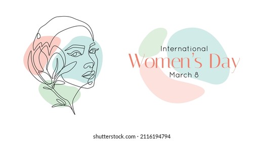 国際女性デーのグリーティングカード。1つの連続した線画に女性の顔と花。シンプルな線形スタイルで抽象的な女性のポートレート。3月8日の落書き風ベクターイラストのベクター画像素材