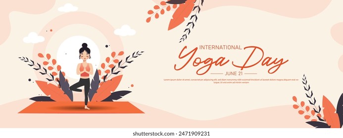 International yoga day banner or poster template design. Woman doing yoga pose, vector illustration.: stockvector
