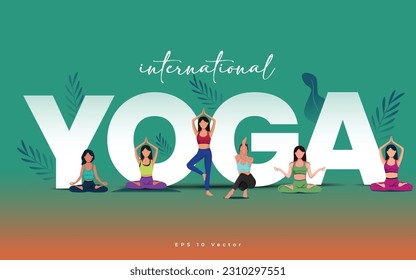 international yoga day. Yoga Body Posture with Text. Woman practicing yoga. vector illustration.: stockvector