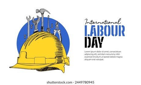 International Labour Day Banner With Hard Safety Helmet Tool Hand Drawn Illustration Immagine vettoriale stock