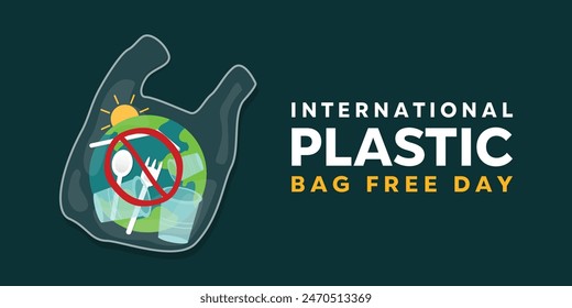 International Plastic Bag Free Day. Plastic, earth, spoons and more.  Great for cards, banners, posters, social media and more. Dark green background. – Vector có sẵn
