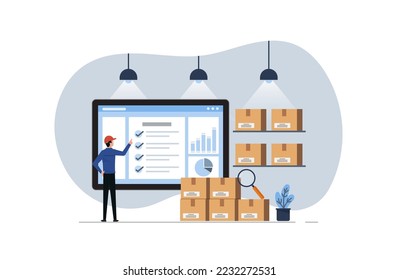 オンラインシステムによる在庫管理、財需要による在庫管理、専門作業者による商品チェックと在庫供給のベクター画像素材