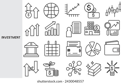 Investment ,Investing in a business invests a large amount of money for business profits. ,Set of line icons for business ,Outline symbol collection.,Vector illustration. Editable stroke Immagine vettoriale stock