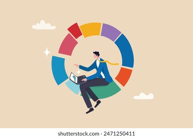 Investment pie chart asset allocation for diversification, financial percentage distribution, budget or marketing analysis chart diagram concept, businessman working with computer laptop on pie chart., vector de stoc