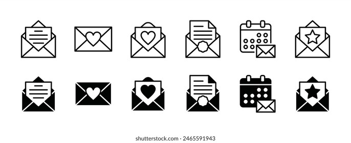 Invitation letter thin line icon set. Invite email for event, wedding, party, festival, celebration. Containing love letter, envelope, schedule, message, electronic mail. Vector illustration Vektor Stok