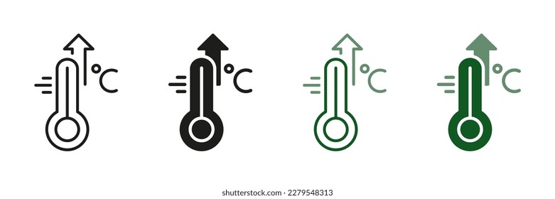 Increased Temperature of Human Body. High Temperature Scale Line and Silhouette Icon Set. Flu, Cold, Virus, Fever Symptoms Symbol Collection. Thermometer with Arrow Up Pictogram. Vector illustration. Imagem Vetorial Stock