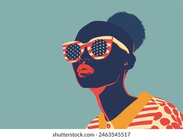 Independence day youthful background. African-American girl wearing sunglasses with USA flag pattern. Vector illustration: stockvector