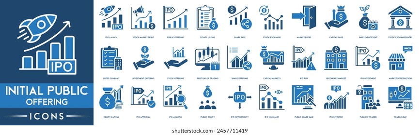 Initial Public Offering icon. IPO Launch, Stock Market Debut, Public Offering, Equity Listing, Share Sale, Stock Exchange, Market Entry, Capital Raise, Investment Event icon 库存矢量图