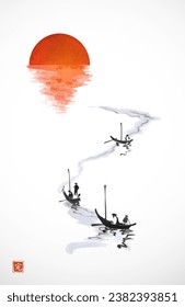 Ink painting of big red sun and fishing boats in minimalist style on white background. Traditional oriental ink painting sumi-e, u-sin, go-hua. Translation of hieroglyph - perfection.: stockvector