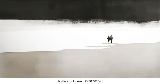 Ink painting of two people standing of the sandy shore of the sea. Traditional Japanese ink wash painting sumi-e: stockvector