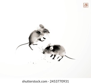 Ink wash painting of two mice. Traditional oriental ink painting sumi-e, u-sin, go-hua. Hieroglyph - joy., vector de stoc