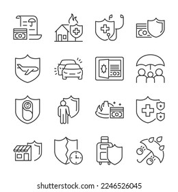 Insurance icons set. Life and property insurance. Insurance case, financial protection, property and health insurance, linear icon collection. Line with editable stroke – Vector có sẵn
