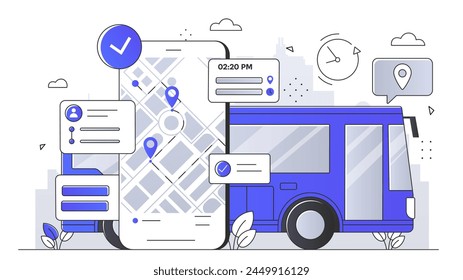 Illustration of mobile tracking interface and bus, modern flat style, simple geometric background, concept of public transport management. Line art style creative modern vector illustration – Vector có sẵn