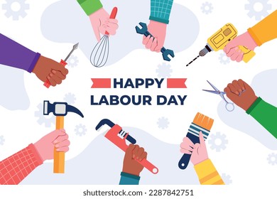 illustration of Labor Day concept with hands holding tools. Poster for labour day, International worker's day. 1st May, Cartoon illustration. Stock Vector