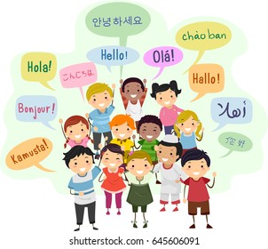 Illustration of Stickman Kids and Speech Bubbles Saying Hello in Different Languages स्टॉक वेक्टर