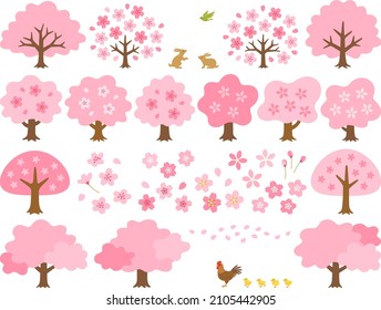 Illustration set of various cherry trees and cherry blossoms Stock Vector