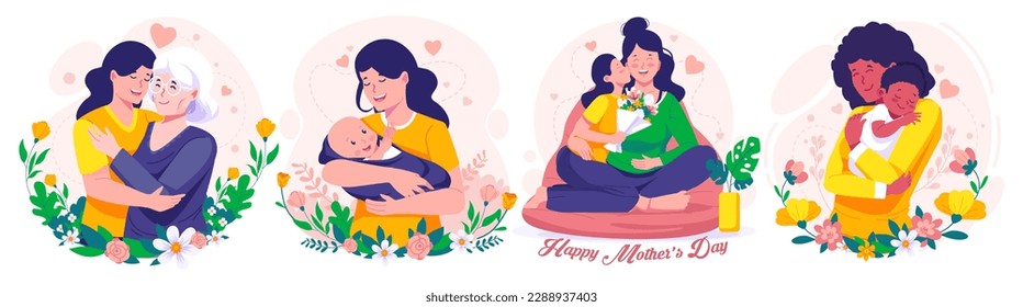 Illustration Set of Mother's Day.  Mother, Daughter, and Son. Mother Holding Baby In Arms. Mother hugging her daughter. Vector illustration Stock Vector