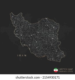 Iran map abstract geometric mesh polygonal light concept with black and white glowing contour lines countries and dots on dark background. Vector illustration Immagine vettoriale stock
