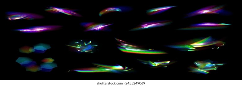 虹彩結晶リークのグレア反射効果。光レインボーライト、グレア、リーク、ストリークのオーバーレイ。のベクター画像素材