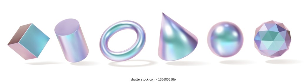 Set forme geometrice irizate. Hologramă 3D modernă obiect metalic multicolor, design futurist cu gradient de neon. Conceptul vectorial, vector de stoc
