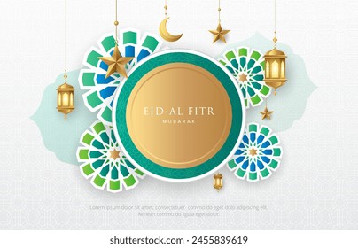 Arrière-plan islamique avec ornements dorés et motifs abstraits floraux verts. Idéal pour raya et le concept de template du ramadan. : image vectorielle de stock
