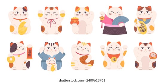 Isolated japanese neko cats. Traditional maneki cat or lucky oriental symbols. Good luck, asian symbol of wealth. Cute cartoon racy vector set: wektor stockowy
