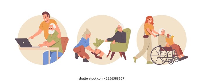 Isolated set of round composition icon with young people helping and taking care of pensioner 库存矢量图