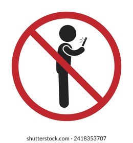 Signo de prohibición aislada de no usar teléfono celular con ilustración de pictograma hombre mantener el teléfono celular y la pantalla encendida Vector de stock