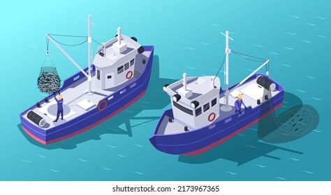 Isometric seiner hunting fish. Concept of industry ship in working process. Commercial and Industrial fishing. Vector graphic illustration Immagine vettoriale stock