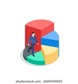 isometric vector business man running up a pie chart like steps up, in color on a white background, best financial performance or success, vector de stoc