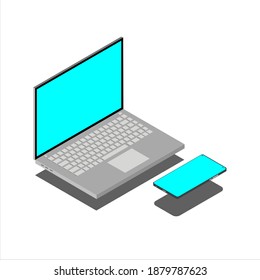 vector isométrico de una laptop y un smartphone con pantalla azul clara, adecuado para elementos de diseño sobre temas de información, Internet, tecnología y telecomunicaciones Vector de stock