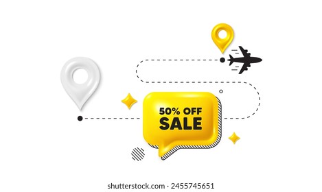 Journey path position 3d pin. Sale 50 percent off discount. Promotion price offer sign. Retail badge symbol. Sale message. Chat speech bubble, place banner. Yellow text box. Vector Imagem Vetorial Stock