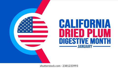 January is California Dried Plum Digestive Month background template. Holiday concept. background, banner, placard, card, and poster design template with text inscription and standard color. vector. Arkistovektorikuva