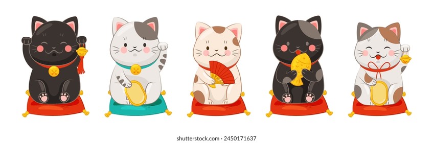 Japanese Lucky Cat with Beckoning Paw Vector Set: wektor stockowy
