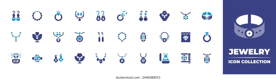Jewelry icon collection. Duotone color. Vector illustration. Containing necklace, engagement ring, earrings, jewelry, gemstone, bracelet, diamond, turquoise, ring, diamond ring, cross. Stockvektor