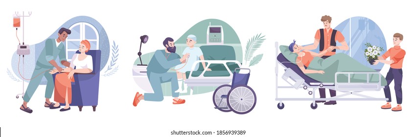 Oncology 3 flat compositions with chemotherapy treatment postoperative nursing care friends family visiting cancer patients vector illustration  स्टॉक वेक्टर
